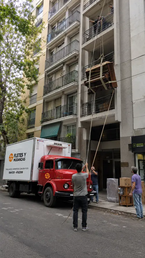 Izamiento de un mueble por el balcón en una mudanza en Rosario